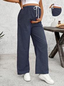 SHEIN 孕妇休闲度假通勤风抽绳腰格纹印花裤 - 寶藍色 - 查看 1