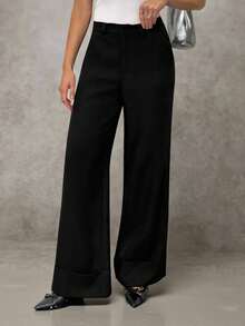 SHEIN Tall 女士灰色纯色人字纹编织纽扣口袋简约低腰长裤，适合通勤、休闲、时尚穿搭、复古风格、办公穿着 - 黑色 - 查看 5