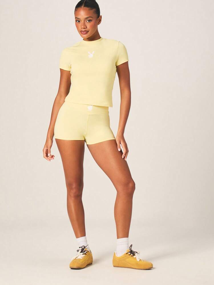 Missguided x Playboy Women's High Waisted Fitted Sports Shorts With Bunny Logo Athletic Biker Shorts Yellow Active Wear Summer Running Cycling