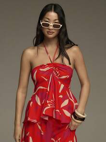 COSMINA 女士夏季两件套，系带上衣和长裤套装，碎花印花女士服装，女士夏季度假套装，沙滩度假套装，休闲女士套装 - 彩色 - 查看 4