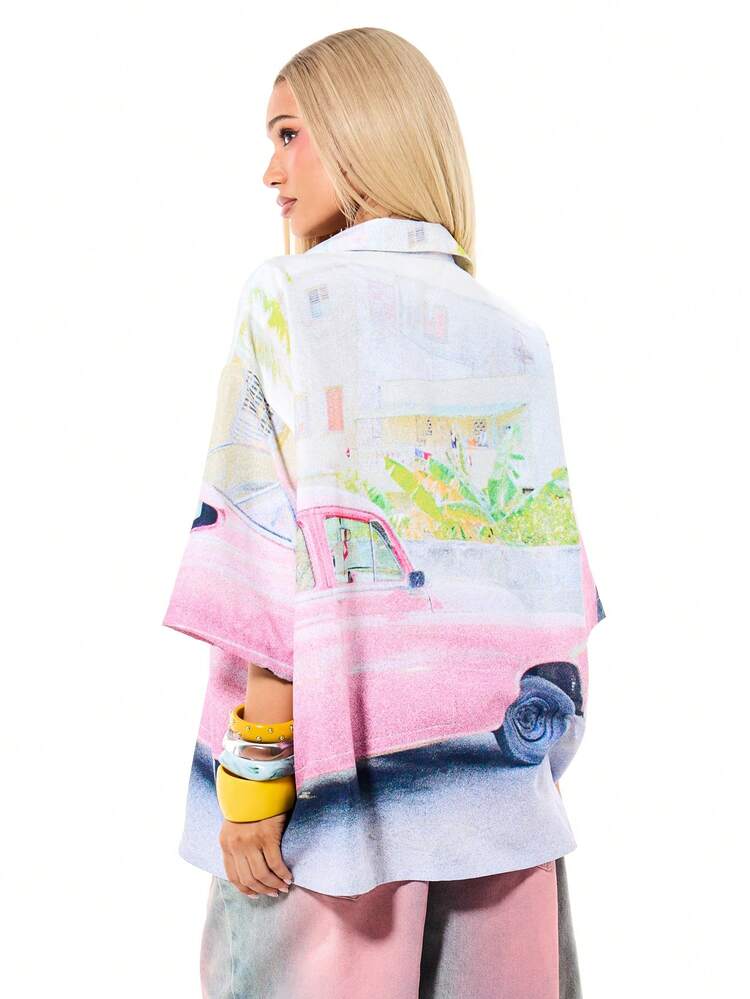 SUMWON WOMEN Oversized Button Down Shirt With Vintage Print