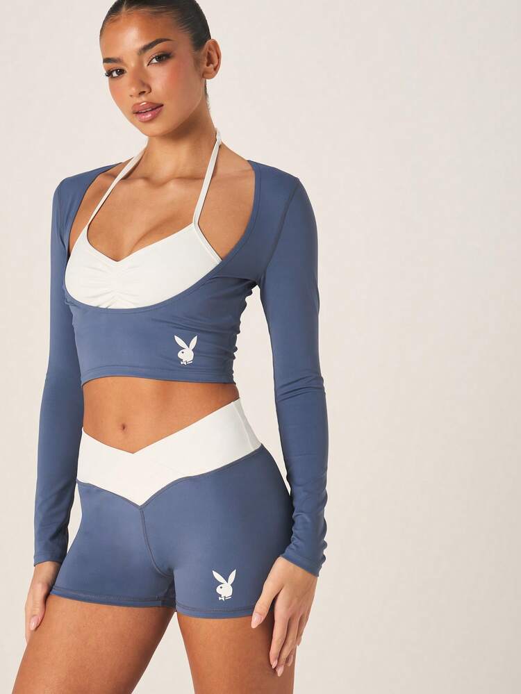 Missguided x Playboy Bunny Logo Color Block Long Sleeve Crop Top With High Rise Fitted Shorts Set Athleisure Loungewear Two Piece Outfit