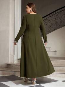 ZEYLAH Beaded Decor Fitted Long Sleeve Dress Fall - Olive Green - View 3
