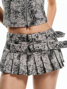 Airlisse Women's Summer 90s Club 2-Piece Set Grey Mandarin Collar Sleeveless Zip-Up Leopard Print Top & Low Waist Double Ruffle Pleated Skirt Rave Outfits - Grey - View 8