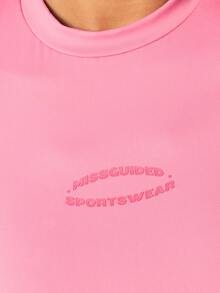 MISSGUIDED Pink Short Sleeve Crew Neck Fitted T-Shirt With Embroidered Logo Detail Casual Spring Summer Activewear Top - Pink - View 5