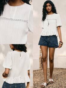 Poéselle White Round Neck Casual Versatile Puff Short Sleeve Top, Lace Hollow Out Summer Top, Lightweight Casual French-Style Top - White - View 2