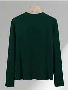 INAWLY Elegant Commuter Pearl Decor Solid Color Long Sleeve T-Shirt, Autumn - Green - View 3