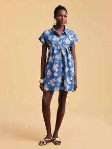 Travachic Women's Short Sleeve Fully Allover Print Ruffle Hem Denim Summer Dress - Light Wash - View 4