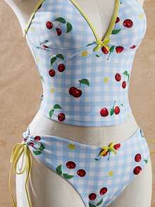 Swim Mod Women's Vacation Beach Plaid & Cherry Print Tankini Set - Multicolor - View 3