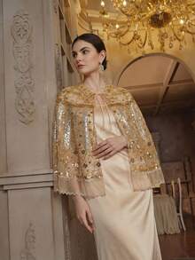 Anewsta Chal elegante con lazo y cuentas para mujer, color dorado - Albaricoque - Ver 7