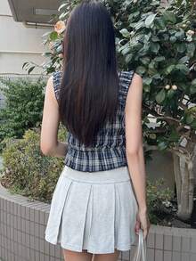 FRIFUL 女士全格纹紧身吊带背心，正面系带，夏季款 - 藍色 - 查看 8