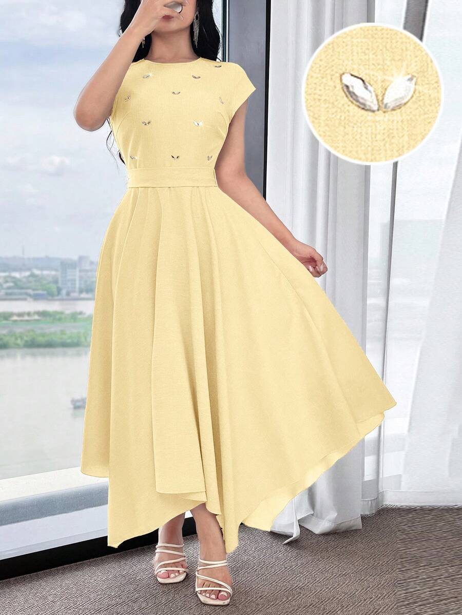 Feyla Gaun Panjang Wanita Elegan dengan Hem Asimetris dan Dekorasi Rhinestone, Musim Panas - Kuning - View 1