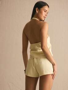 MUSERA Stripe Halterneck Flowy Co-Ord Top Only Spring Summer Cosy Cute Daily Girly Vacation Sunlight Social - Light Yellow - View 4