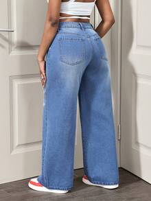 BamGleam Cowgirl Style Non-Stretch Blue Printed Straight Leg Pants, Spring Outfits For Women - Medium Wash - View 2