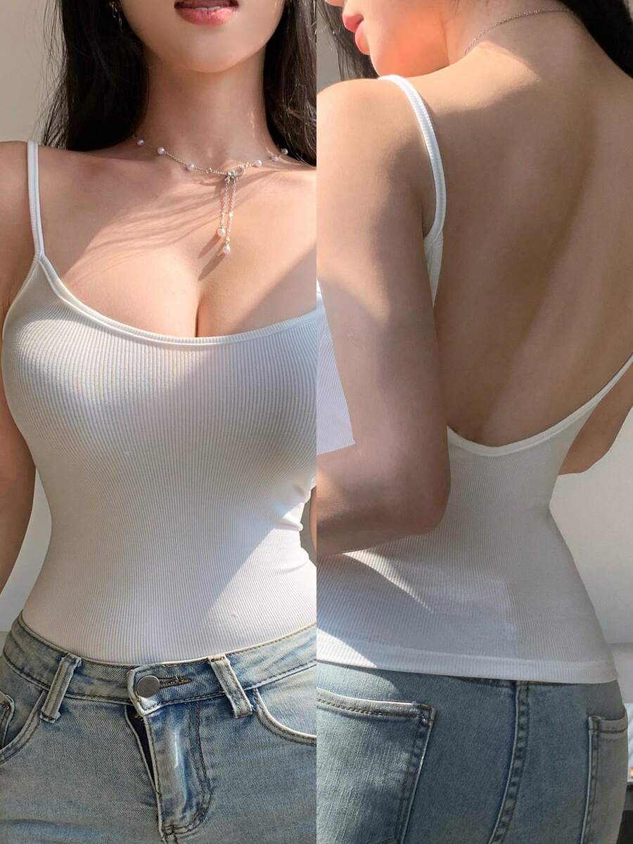 DAZY 女士休闲百搭纯色修身露背吊带背心，夏季款 - 白色 - 查看 1