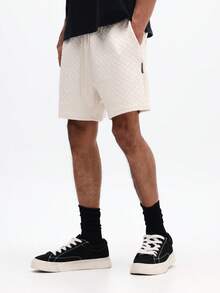 SUMWON Cream Herringbone Pattern Drawstring Casual Shorts With Elastic Waistband Regular Fit Summer Bermuda Style Mid Thigh Length Relaxed Comfort Shorts - Apricot - View 5
