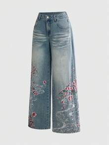 ROMWE J-Fashion 男女皆宜的复古街头风中国虎纹花卉刺绣宽松阔腿牛仔裤 - 藍色 - 查看 5