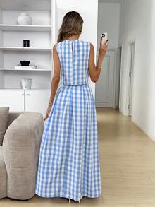 Easowa 女士圆领无袖格子休闲夏季两件套 - 彩色 - 查看 5