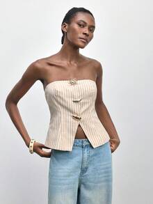 Maija Women's Spring And Summer New Style White Three-Dimensional Metal Decoration Urban Modern Daily Casual Tube Top Suitable For Going Out Festival Party Date Wear Party Wedding Music Festival Old Money 90s Women's Clothing Bohemian, Striped Metal Buckle Design Strapless Shirts Summer Tops Strapless Neutral Clothes For Women Beige Two Piece Set Sea Shell Outfit V - Multicolor - View 6