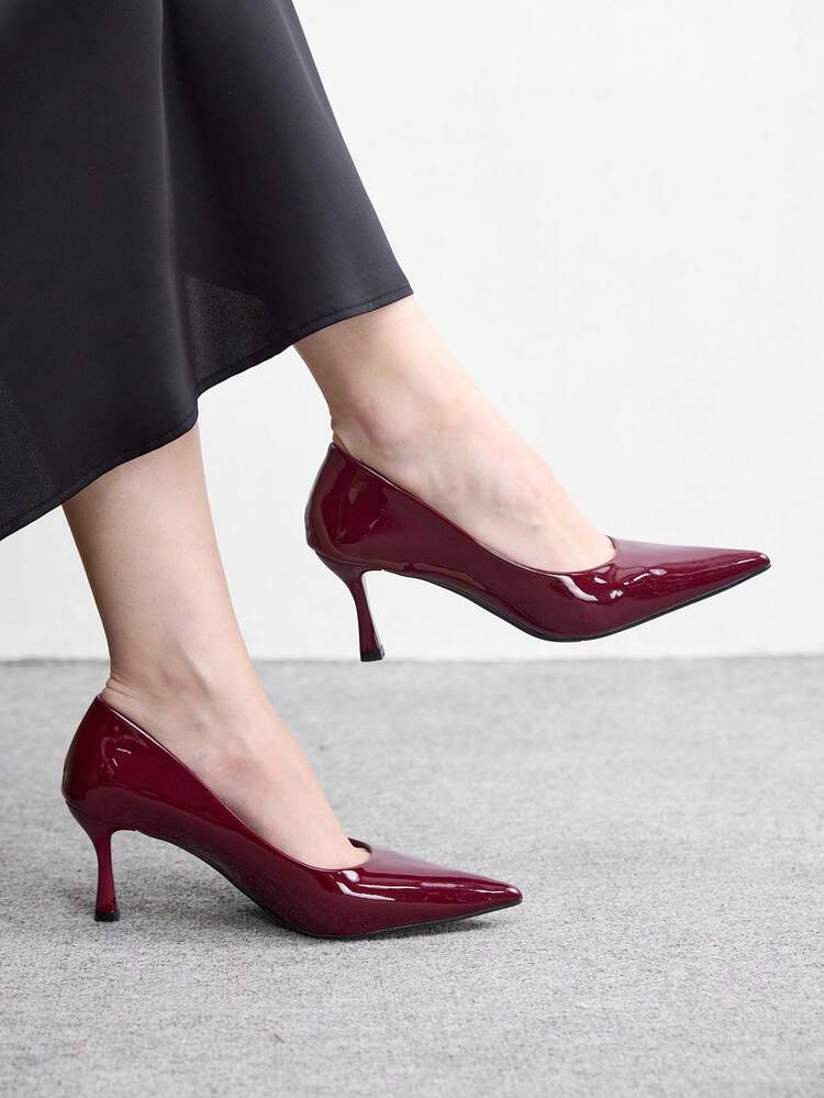 CUCCOO BIZCHIC Women Shoes Four Seasons New Burgundy Mirror Pointed Toe Thin Heel High Heel Low Vamp Women's High Heel Shoes Daily Versatile Commuter Business Dinner Party Wear Women's Shoes Spring Shoes