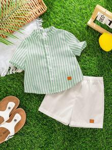 Bộ 2 món áo sơ mi tay ngắn cổ tàu kẻ sọc thoải mái, đa năng cho bé trai, gồm áo sơ mi và quần short. - Màu xanh Bạc hà - Xem 9