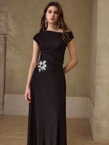 MOTF PREMIUM SPRING/SUMMER NEW HOLLOW EMBROIDERED FLORAL RUCHED ASYMMETRIC SHOULDER KNIT MIDI DRESS FOR WOMEN - Black - View 4