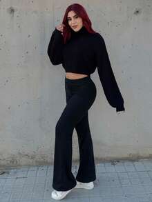 Bearsaez 纯色罗纹针织高领套头衫，百搭款式，学校风，长袖上衣 - 黑色 - 查看 6