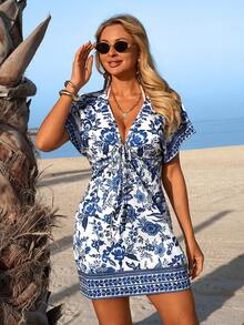 Swim Lushoire 女士度假休闲V领蝙蝠袖印花罩衫 - 藍白色 - 查看 3