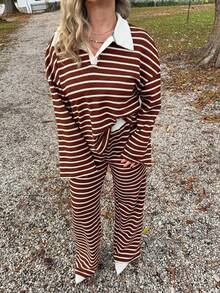 Jeta Ari Women's 2pcs Set Loose Striped V-Neck Drop Shoulder Long Sleeve T-Shirt &Elastic Waist Striped Pants, Winter Sweater Suit ,Autumn/Winter Christmas Red New Year 2 Pieces Lounge Sets Woman Two Pieces Set Women Comfy Lounge Wear Striped Set, Christmas Pajamas Family,Fall,Fall Clothes For Women Casual Spring Valentine's Day - Red - View 3