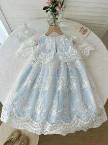 LMoss Kids Vestido casual de malha bordada com gola redonda e cor sólida para menina. - Baby Azul - Ver 2