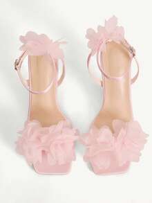 CUCCOO CHICEST 女士春夏仙女风粉色花朵装饰方头细跟字带搭扣高跟凉鞋，8.5厘米，性感约会婚礼度假派对鞋 - 粉色 - 查看 2