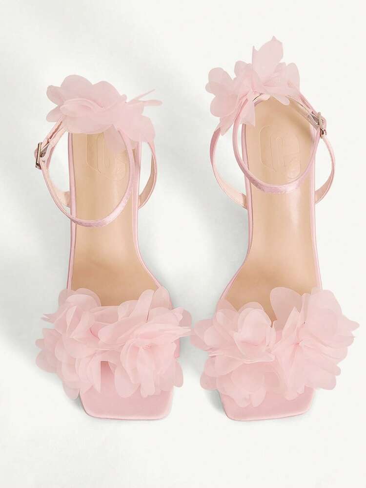 CUCCOO CHICEST Women Shoes Summer Summer Fairy Wind Pink Flower Decoration Square Toe Thin Heel Word Strap Buckle 8.5cm Women High Heel Sandals Sexy Dating Wedding Vacation Party Wedding Shoes Summer Shoes Bride Shoes