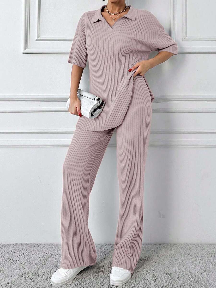 EURMUSE Cotton Two Pieces Set Polo Neck Top And Pant Set Rib Knit Fabric - Baby Pink - View 1