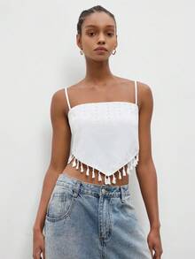 Maija Women's Backless Spaghetti Strap Tank Top With Tassel Hem,White And Silver Summer Boho Rave,Elegant Beach Party Vacation Festival Outfits Tops - Multicolor - View 4
