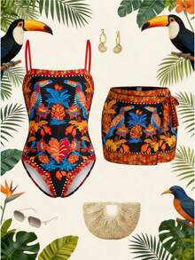 Swim Oasis Women's One-Piece Tropical Palm Tree Print Swimsuit,Black,Summer,Boho,Beach Party,Holiday Elegant Casual Beach Vacation Cover-Up Bathing Suits - Multicolor - View 1