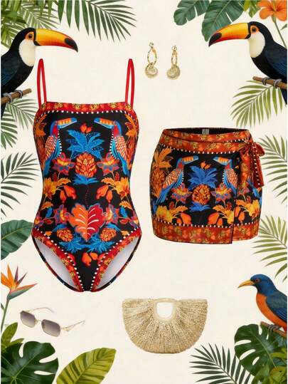 Swim Oasis Women's One-Piece Blue & White Tropical Palm Tree Print Swimsuit, Elegant Casual Beach Vacation Cover-Up