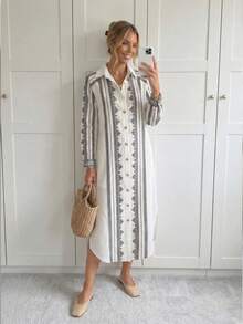 Easowa 女士几何印花单排扣休闲中长连衣裙，适合通勤、聚会、外出等场合。 - 米色 - 查看 3