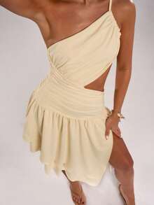 SHEIN BAE 女士纯色度假不对称露肩露背不对称下摆中长连衣裙，适合海滩度假、邮轮旅行，优雅性感纯色连衣裙，黄色连衣裙，鸡尾酒会礼服，正式舞会，派对 - 淡黃色 - 查看 7