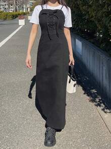 FRIFUL Front Tie Fitted Denim Maxi Dress - Black - View 5