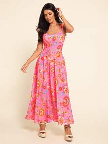 Coeurva 女士休闲优雅浪漫简约舒适印花连衣裙，红色女装，粉色女装 - 熱帶粉紅色 - 查看 6