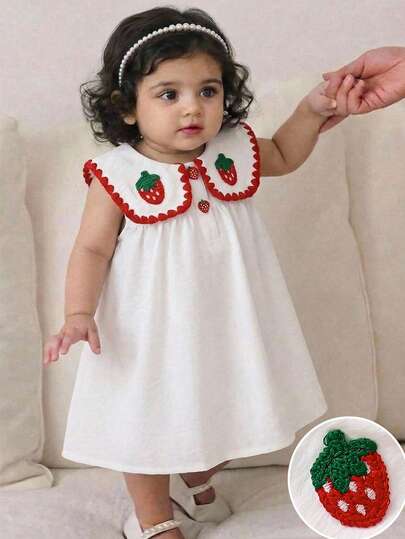 SHEIN Vestido blanco de primavera/verano con cuello y lazo bordados con flores rojas, vestido de princesa dulce, regalo de cumpleaños para bebé, adecuado para uso diario, festivales, fiestas de cumpleaños, reuniones familiares