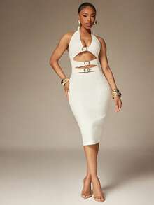 Denimoi 搭扣细节露背牛仔连衣裙 性感连衣裙 度假连衣裙 早午餐连衣裙 镂空连衣裙 春季 - 白色 - 查看 1