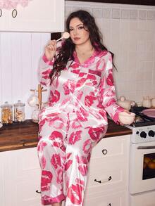 Slumberry CURVE Lip Print Colorblock Turndown Collar Long Sleeve Plus Size Pajama Set - Pink - View 3