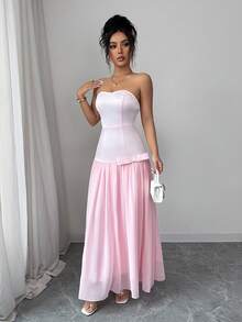 Elenzga Women's Elegant Strapless Bow Decor Satin & Chiffon Patchwork Fitted Midi Dress, Fashionable Ladylike Attire For Dates And Parties, Light Pink - Baby Pink - View 5