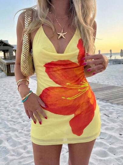 Aloruh Women's Floral Print Ruched Halter Backless Mini Dress, Suitable For Dates And Parties