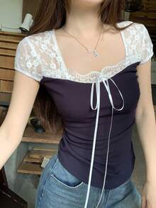 DAZY Áo thun nữ tay ngắn cổ vuông 2 trong 1 phối ren tương phản, kiểu dáng ôm sát, dáng crop, thời trang cho mùa hè. - Màu xanh lam - Xem 7