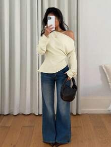 Siren Gaze Women's Solid Color Ruched Asymmetrical Shoulder Casual Versatile Long Sleeve Top One Shoulder Top - Light Yellow - View 4
