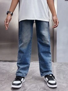 SHEIN Quần jeans ống đứng dáng rộng, màu xanh nhạt, kiểu vintage, dành cho bé trai tuổi teen, thích hợp cho mùa xuân và mùa hè. - Rửa tối - Xem 5