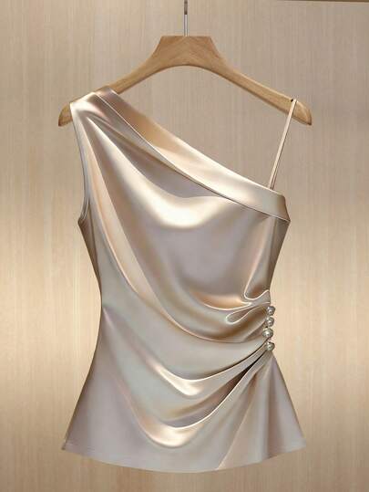 Franclia Blusa elegante de satén con cuello asimétrico y volantes, unicolor minimalista, para verano