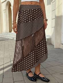 Siren Gaze Women's Casual Polka Dot Print Contrast Lace Skirt Brown Polka Dot Skirt Brown Long Skirt Polka Dot Skirt Lace Insert Skirt Western Skirt - Coffee Brown - View 6